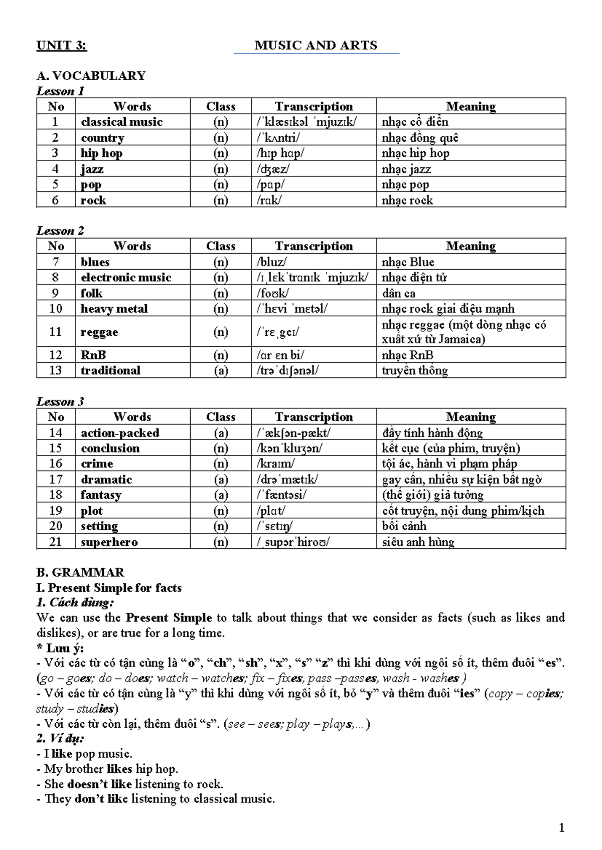 UNIT 3: Music and Arts Vocabulary & Grammar Notes for English G8 - Studocu