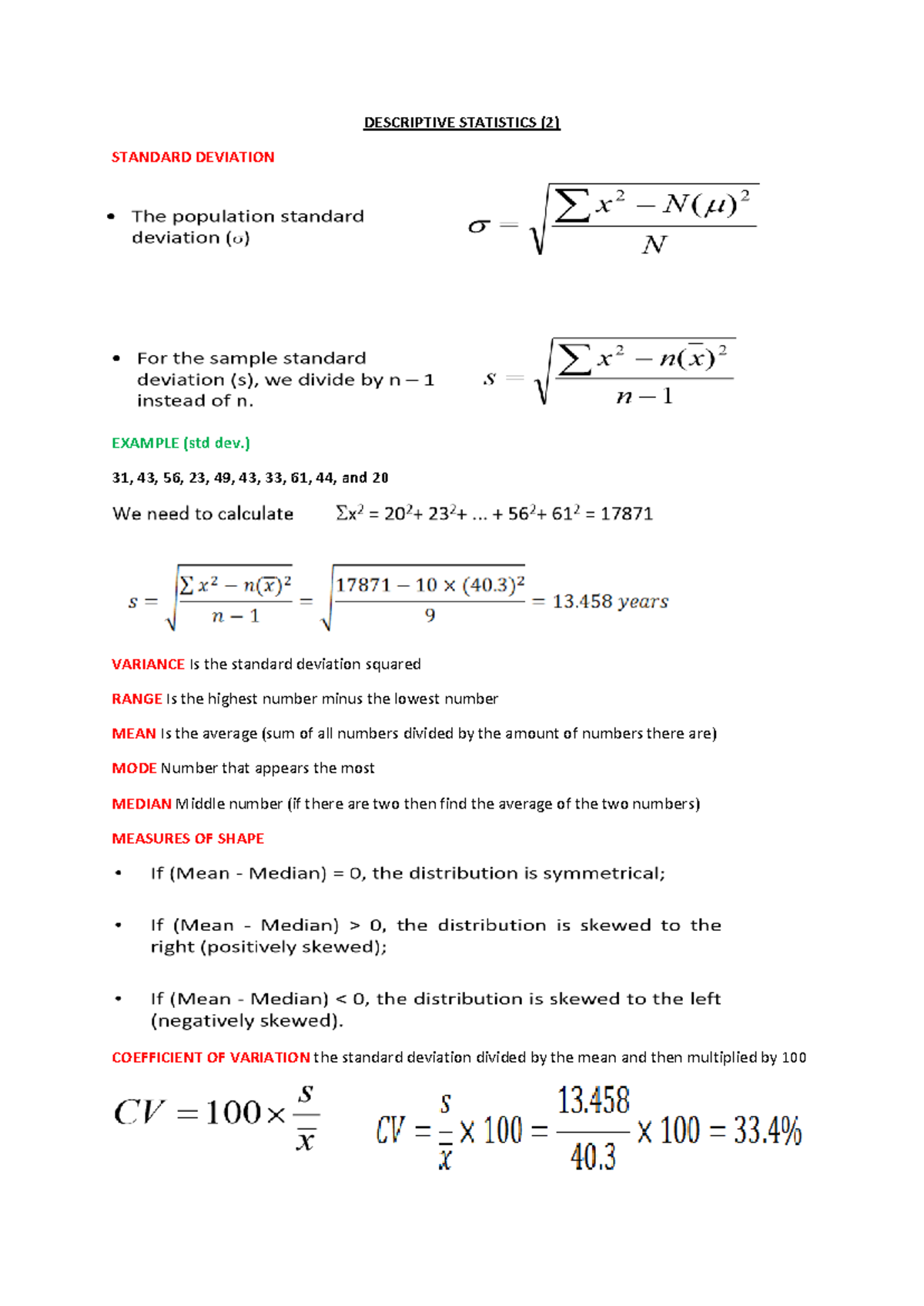 Statistics for business notes - DESCRIPTIVE STATISTICS (2) STANDARD ...