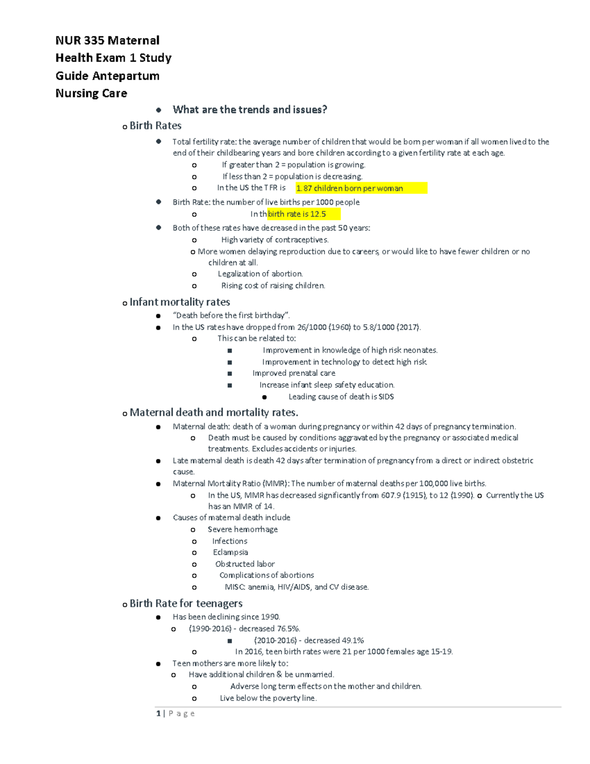 NUR 335 Maternal Health Exam 1 Study Guide Antepartum Nursing Care ...