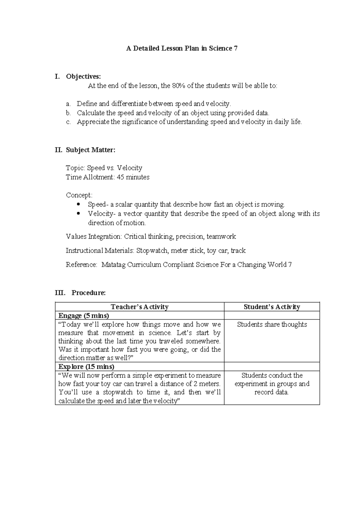 Science 7 LP Speed vs Velocity - A Detailed Lesson Plan in Science 7 I ...