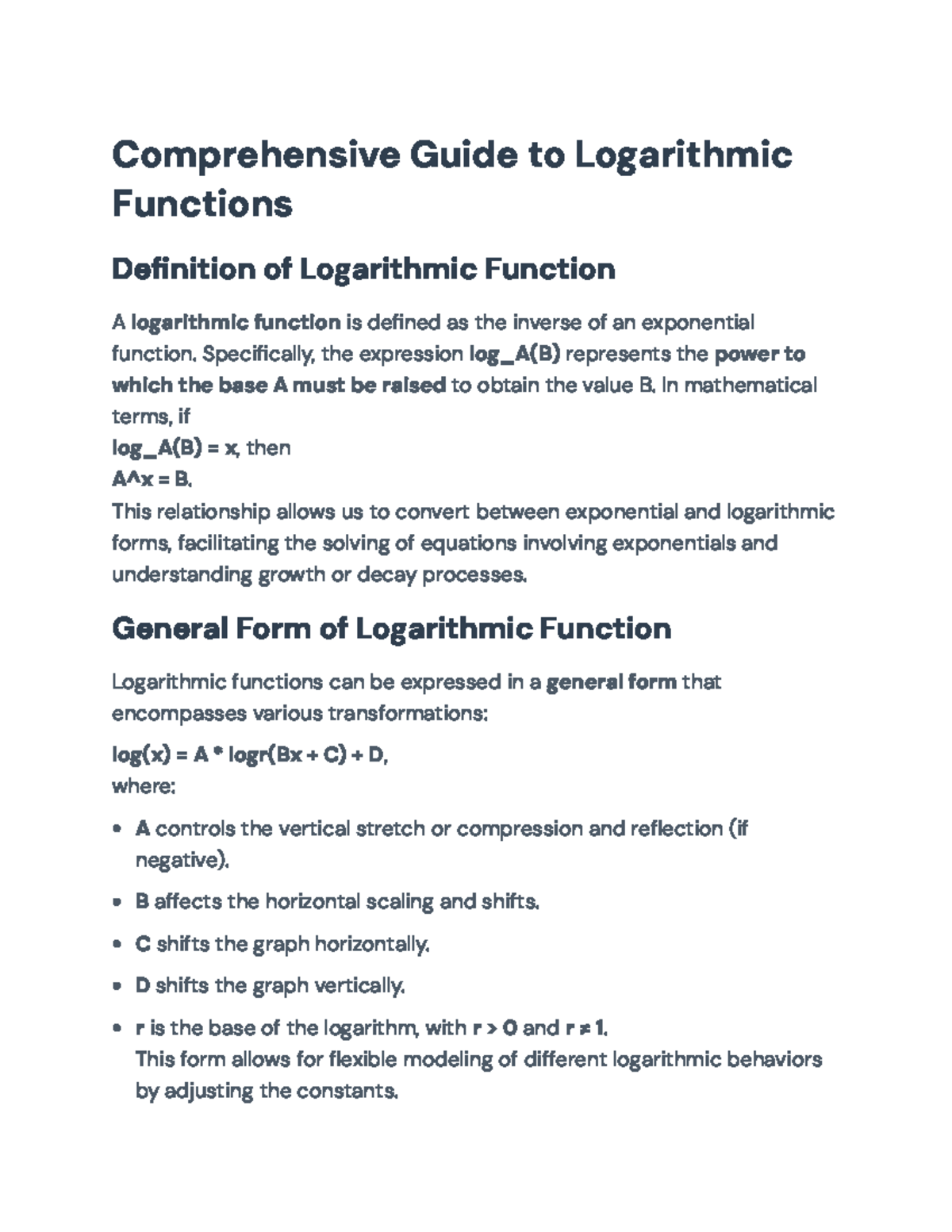 Comprehensive Guide to Logarithmic Functions (MATH 101) - Studocu