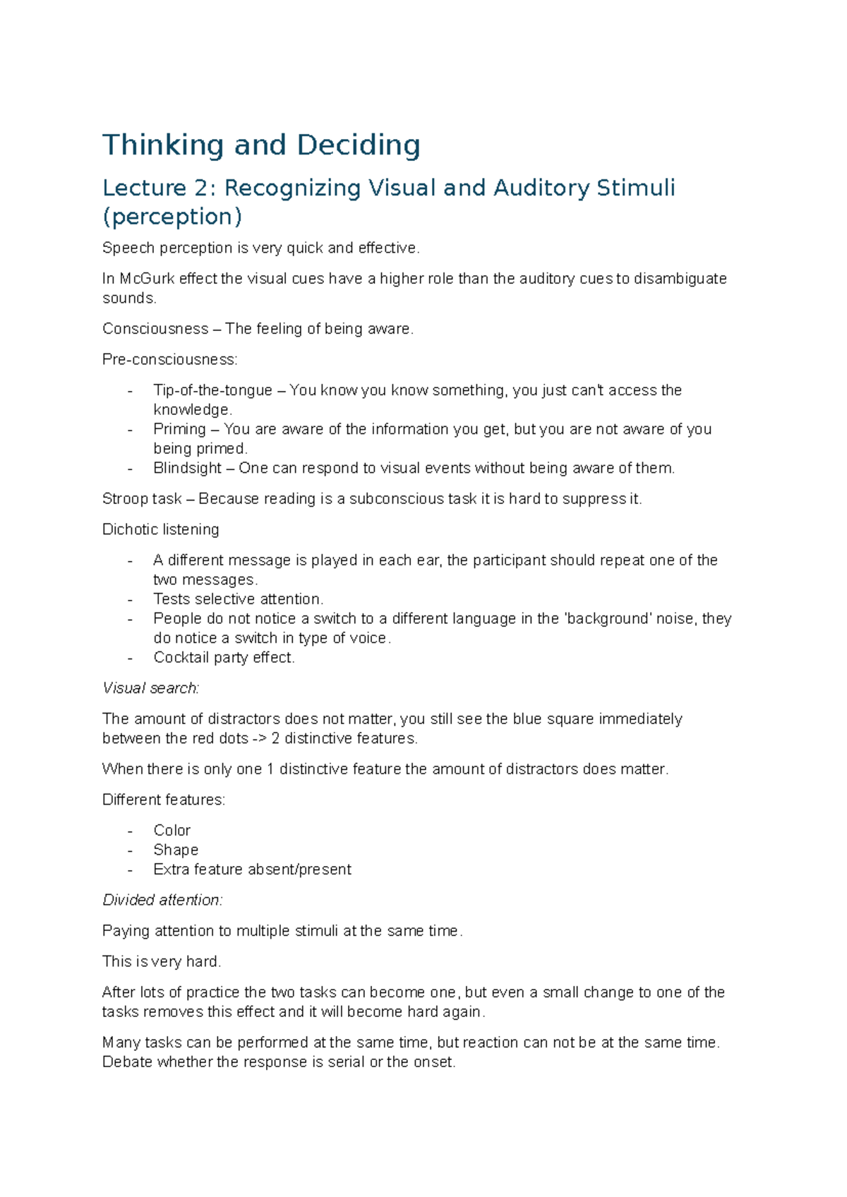 Thinking and deciding lecture notes: Visual and auditory stimuli ...