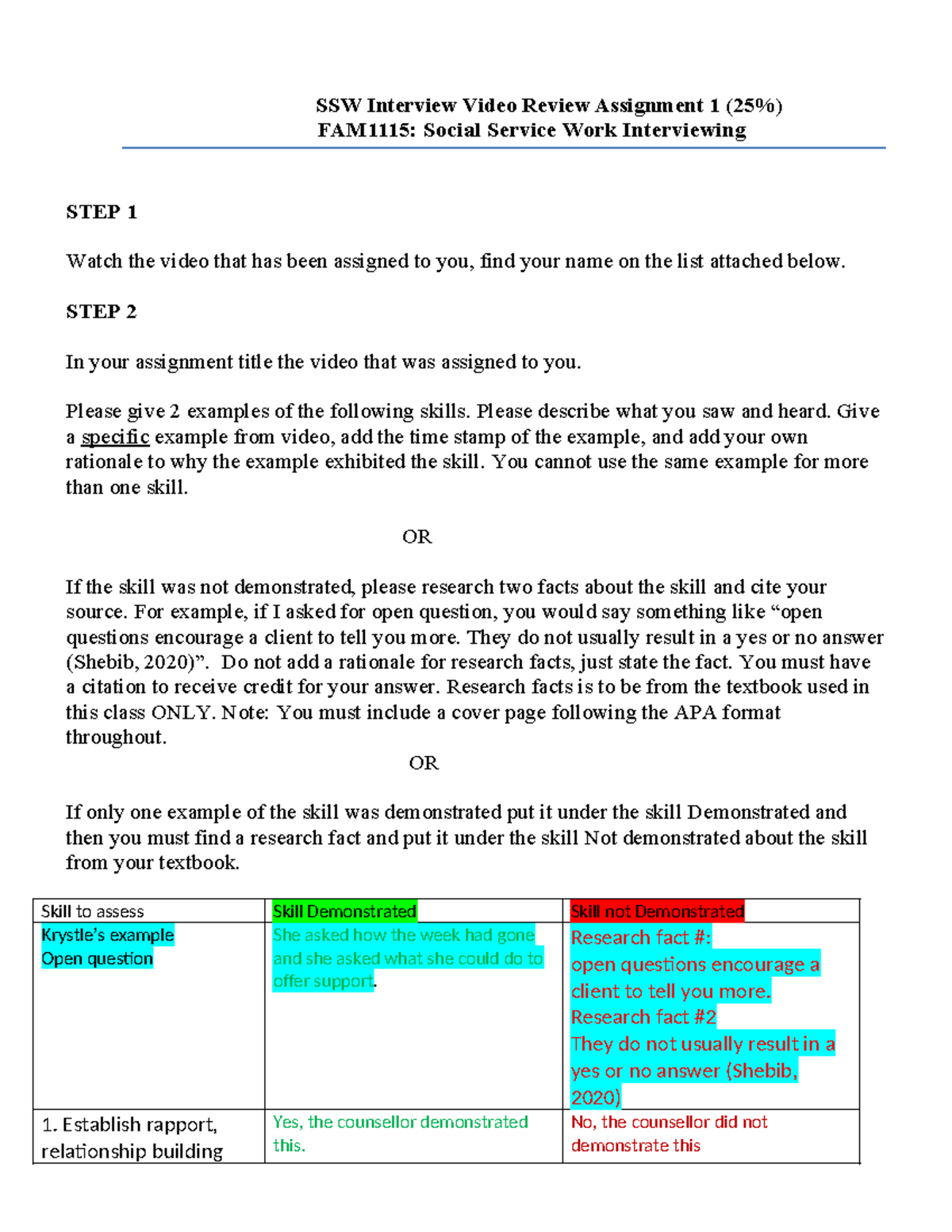 FAM1115 Video Review Assignment 1: Skills Assessment Guide - Studocu