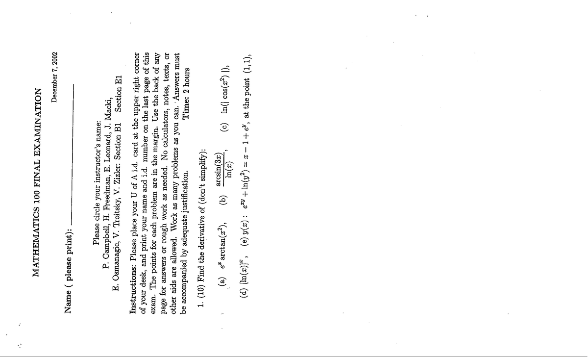 MATH 100 FINAL EXAM - December 7, 2002 - Fall 2002 - Studocu