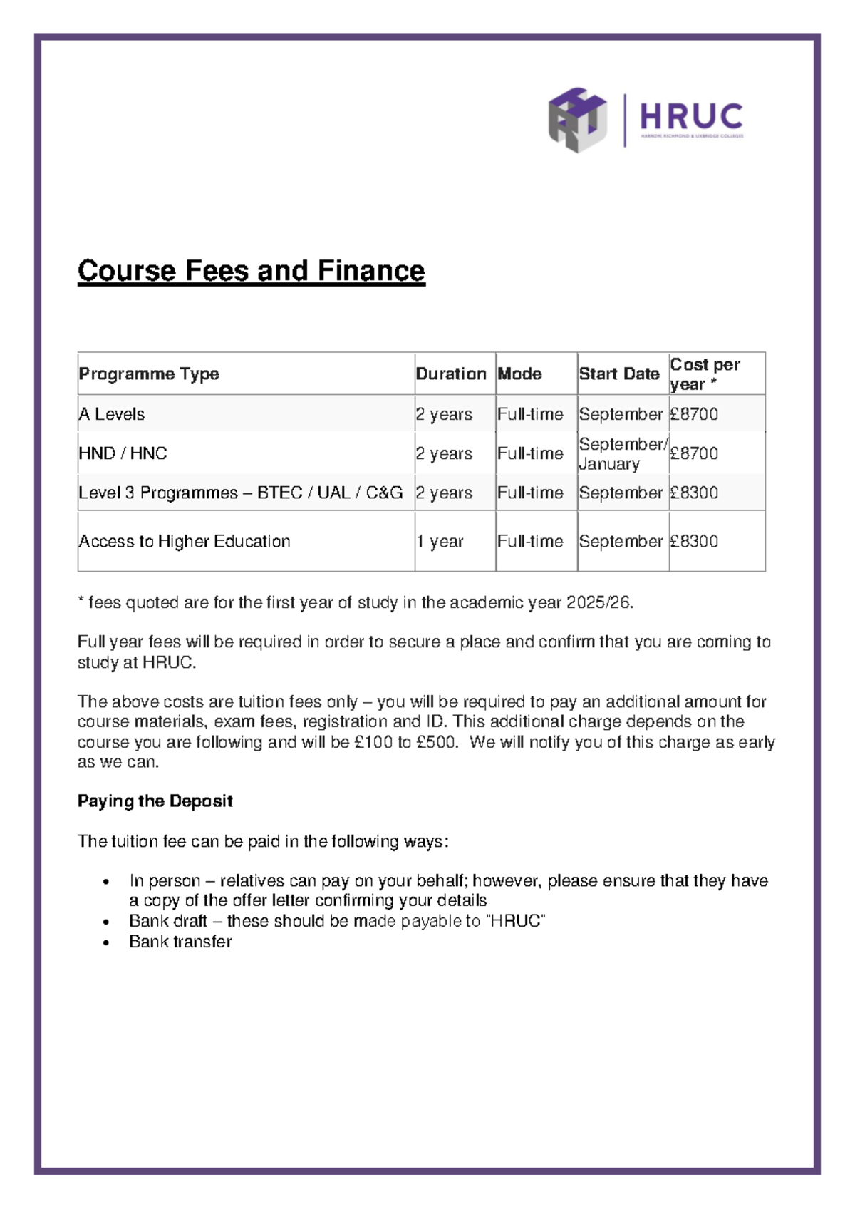 Course Fees 2025: Tuition & Payment Details for A Levels & BTEC - Studocu