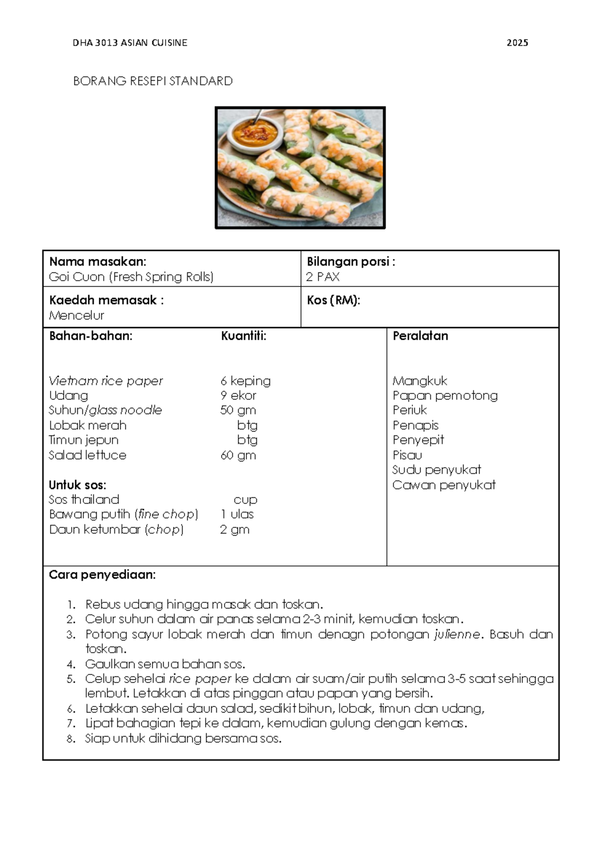 DHA 3013 ASIAN CUISINE 2025: Standard Recipes for Vietnamese Dishes ...
