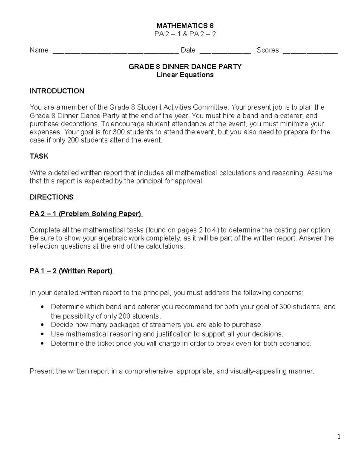 Mathematics 8 Final Performance Task: Planning a Grade 8 Dinner Dance ...