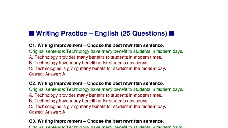 English 2534 Writing Practice: 25 Sentence Improvement Questions - Studocu