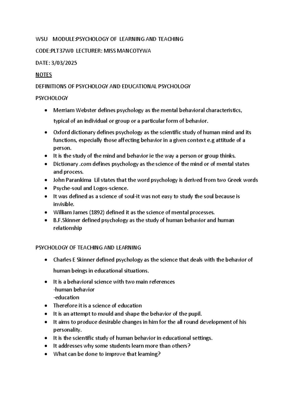 PLT37W0: Psychology of Learning and Teaching Notes - Studocu
