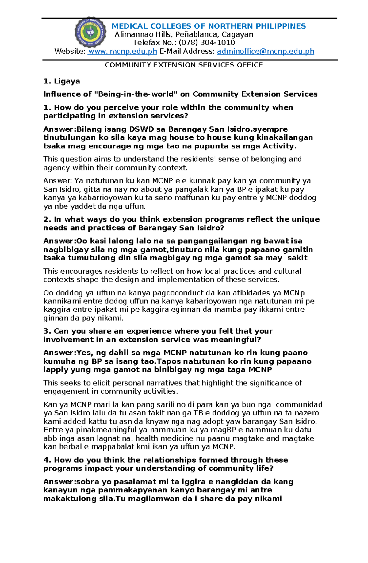 Research interview - N/A - Alimannao Hills, Peñablanca, Cagayan Telefax ...