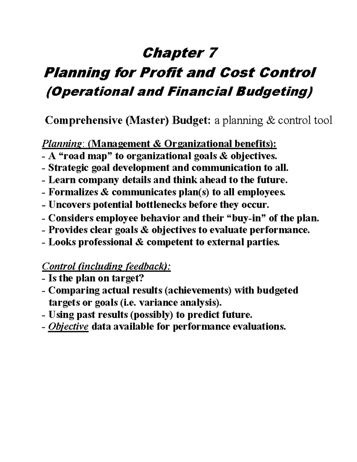 Accounting 2220 Chapter 7 Budgeting Notes - Profit & Cost Control - Studocu