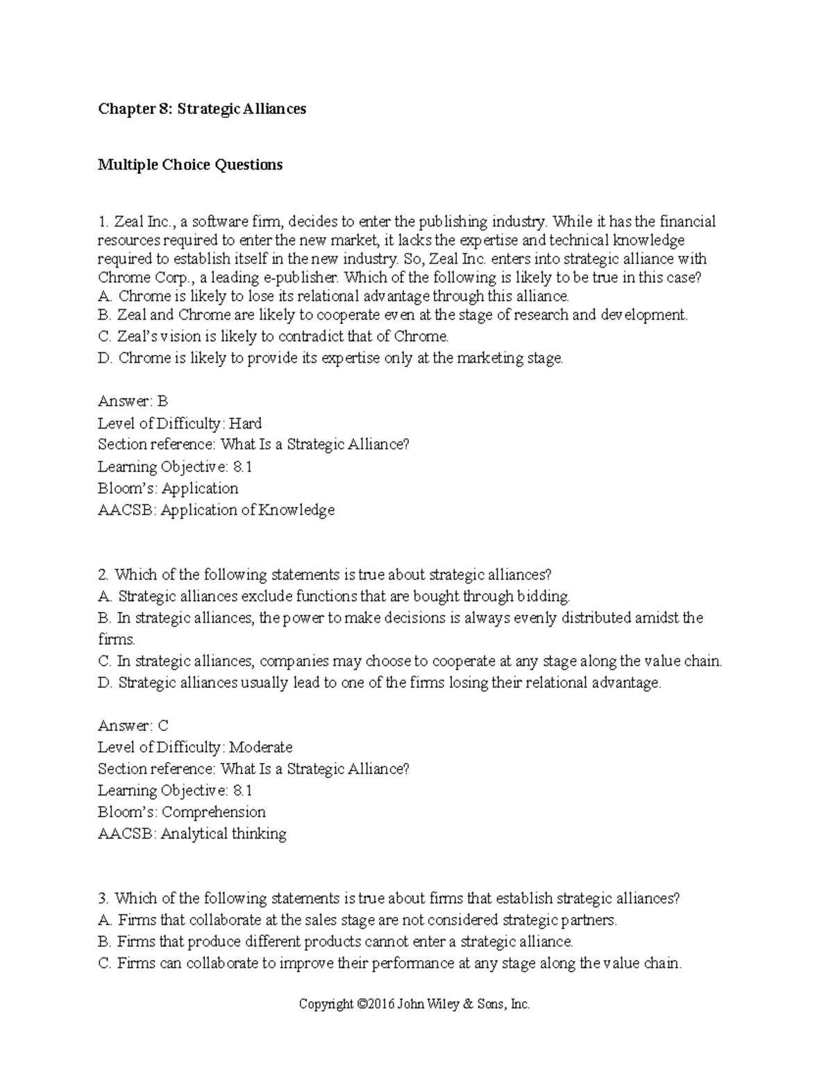 Chapter 8 - Strategic Alliances: Multiple Choice Questions - Studocu