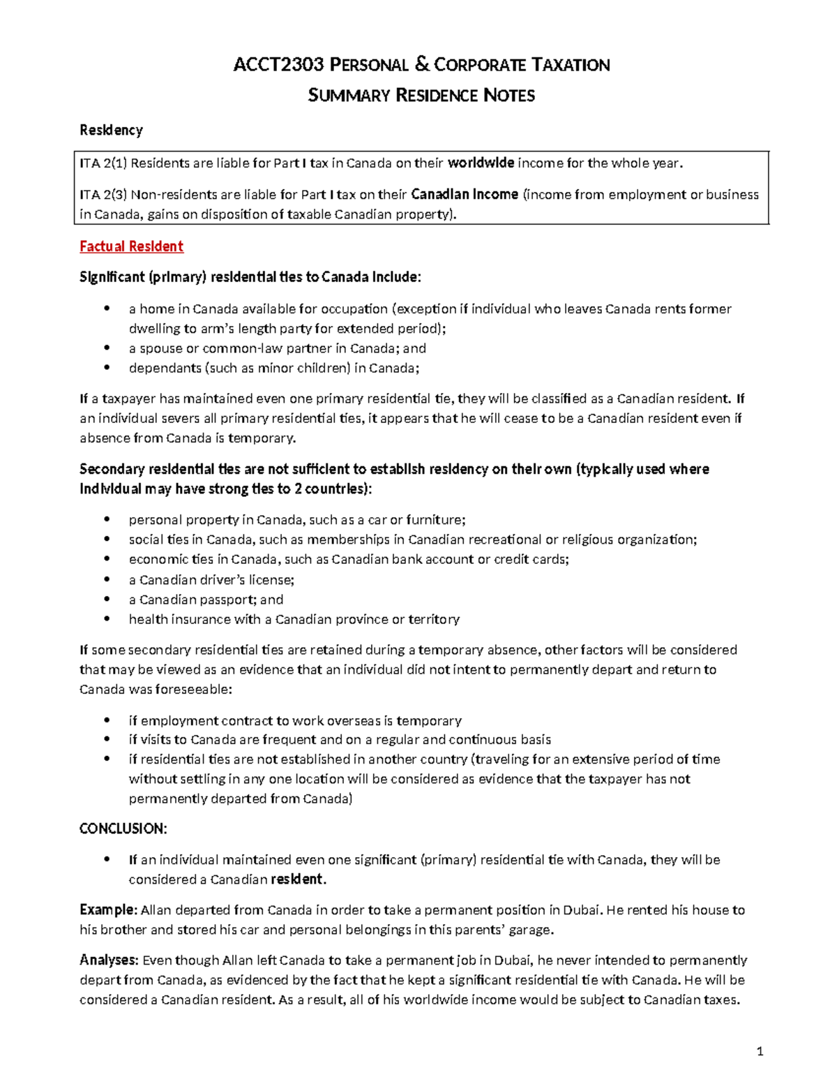 ACCT2303 Personal Corporate Taxation: Residency Summary Notes - Studocu