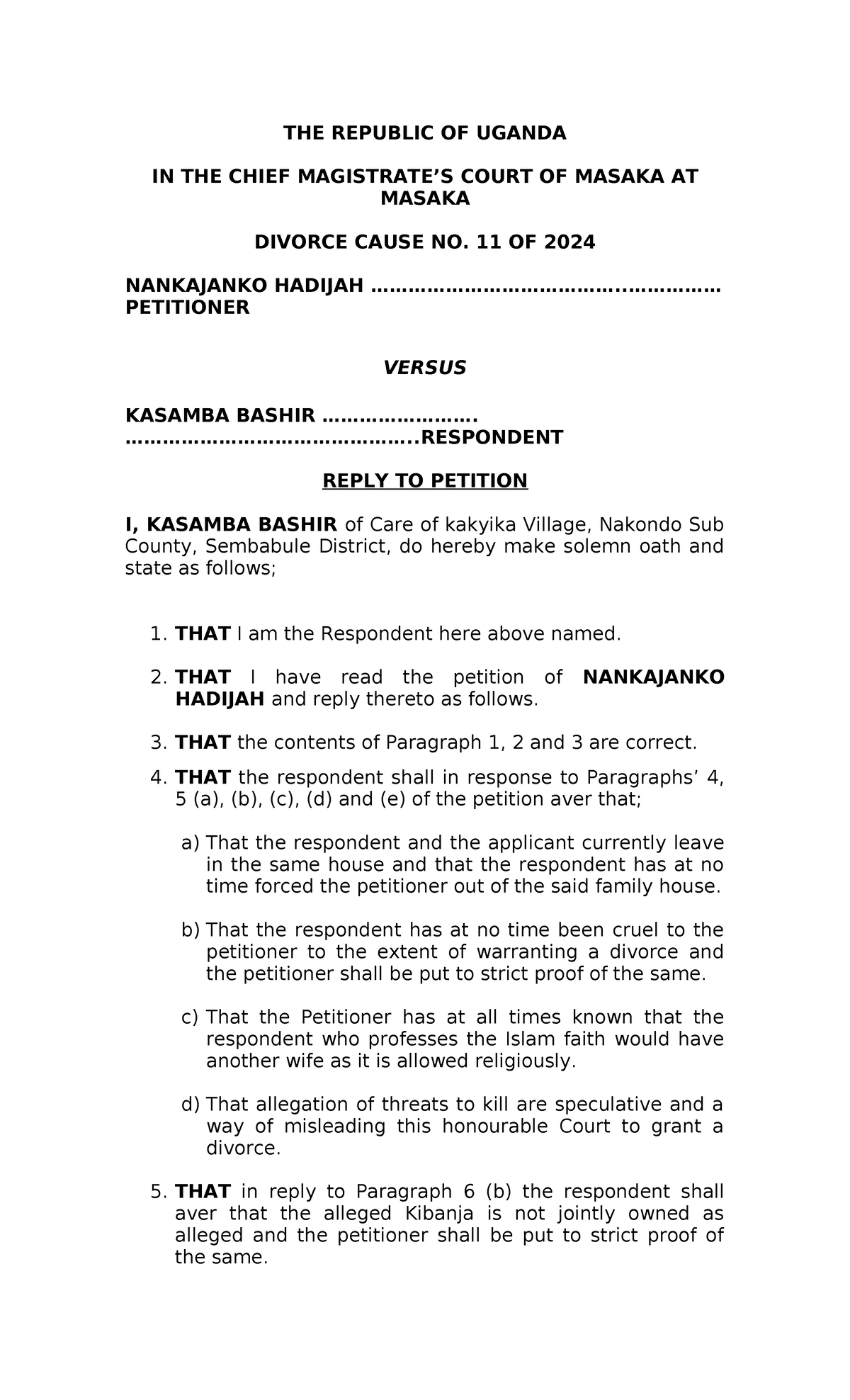 Reply to Divorce Petition in Divorce Cause No. 11 of 2024 - Studocu