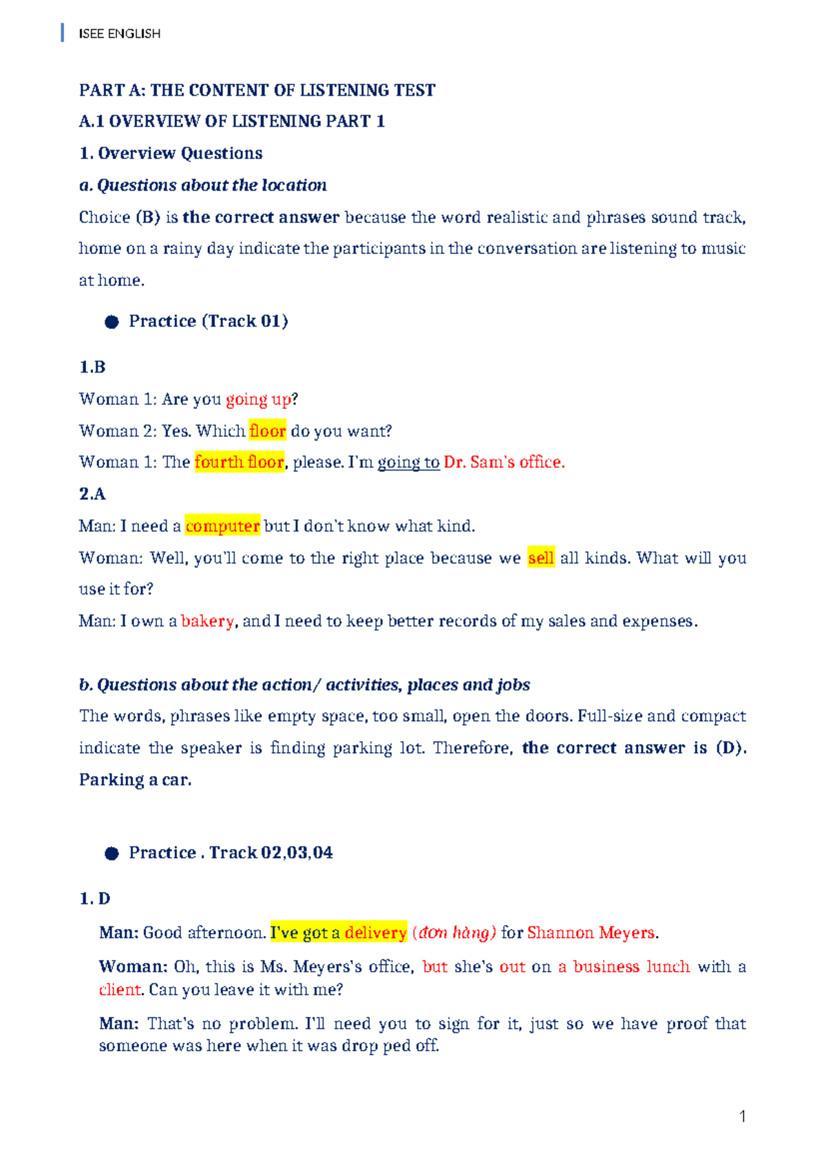 61 Answer Key & Vocabs - Overview Questions - PART A: THE CONTENT OF LISTENING TEST A OVERVIEW ...