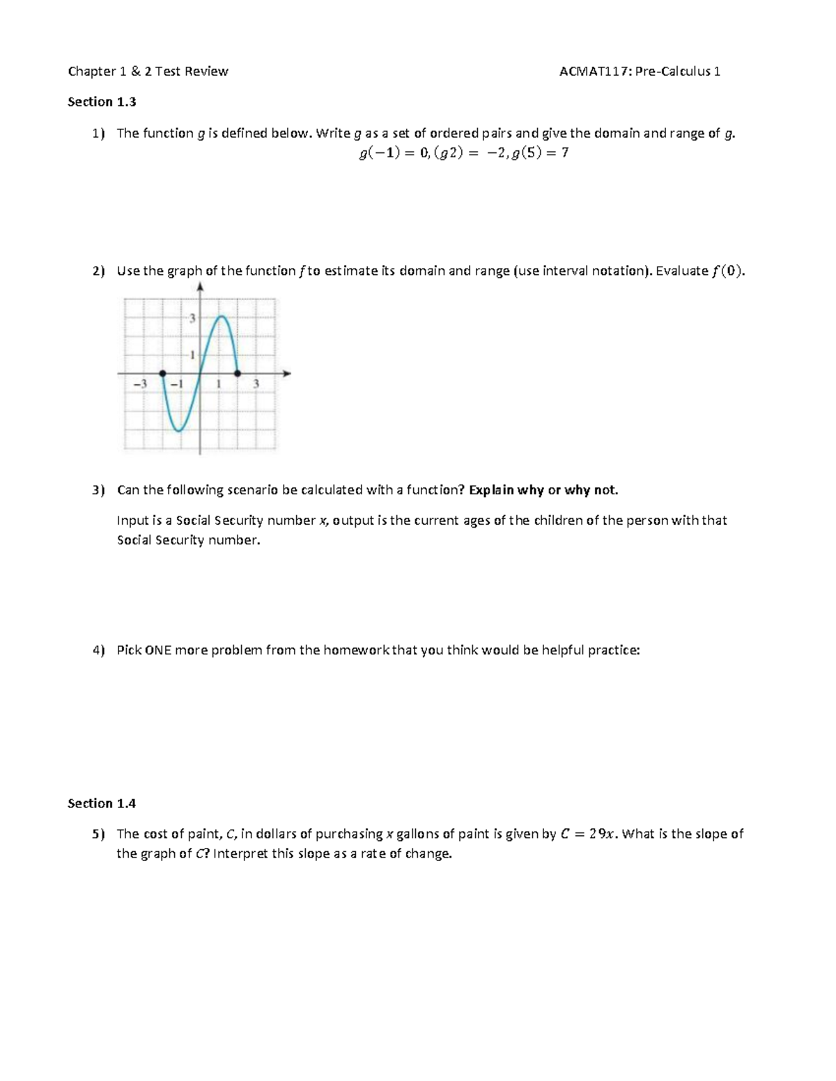 Chapter 1 & 2 Test Review for ACMAT117: Pre-Calculus Concepts - Studocu