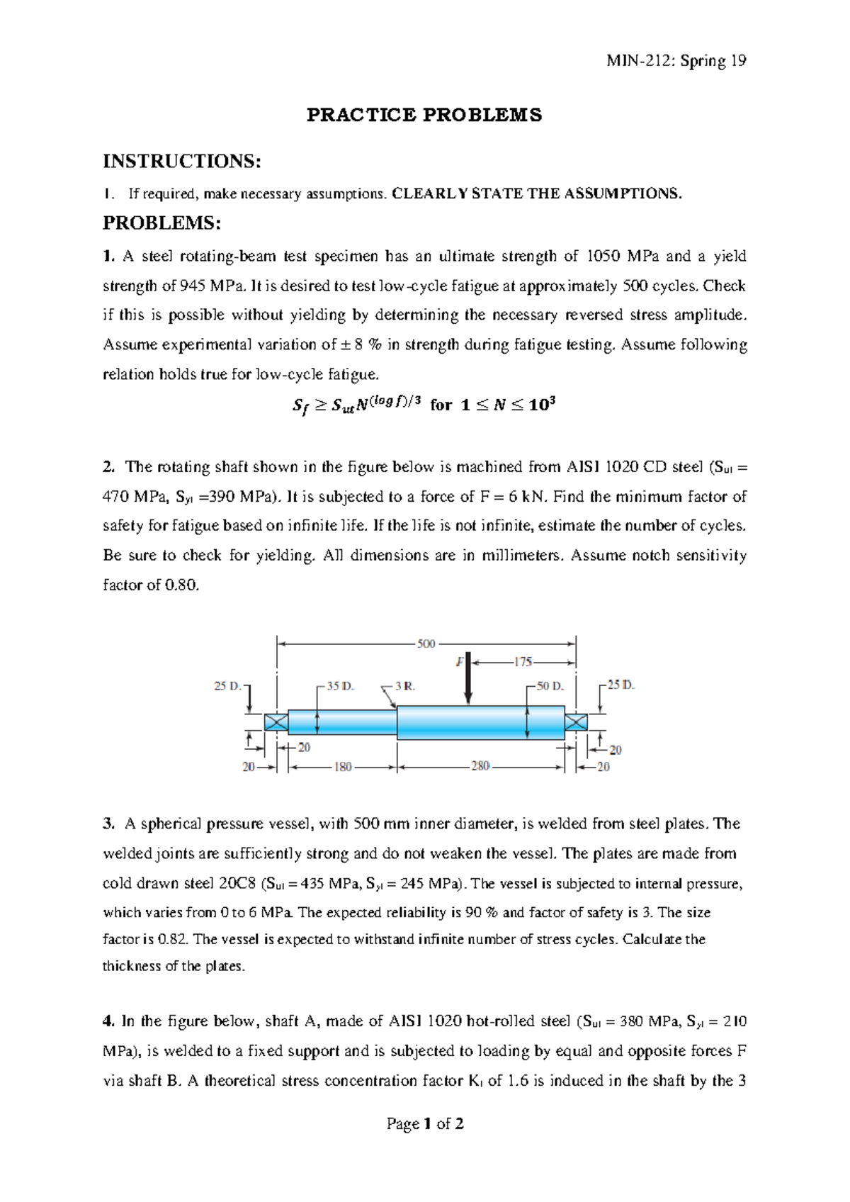 Dynamic loading practice problems - MIN-212: Spring 19 Page 1 of 2 ...