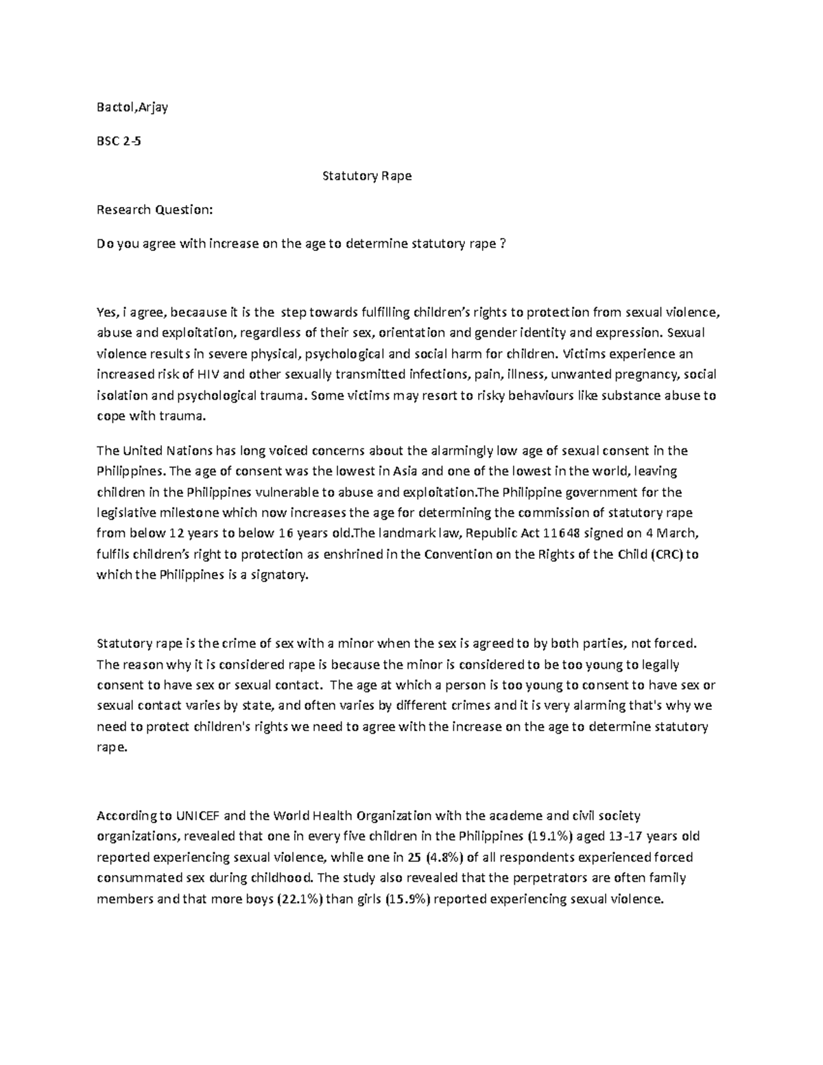 CLAW 3 - Essay on Increasing the Age for Statutory Rape Protection ...