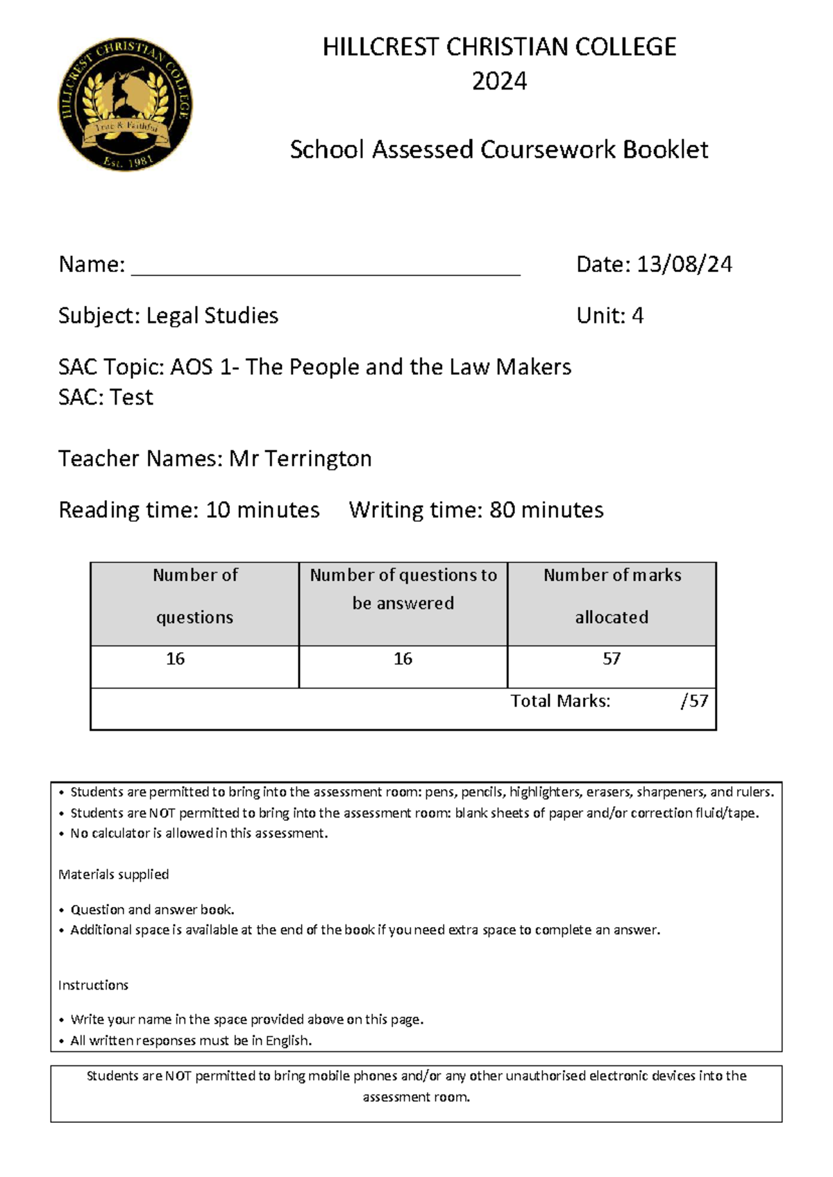Unit 4 Legal Studies AOS 1 SAC - 2024 Coursework Guide - Studocu