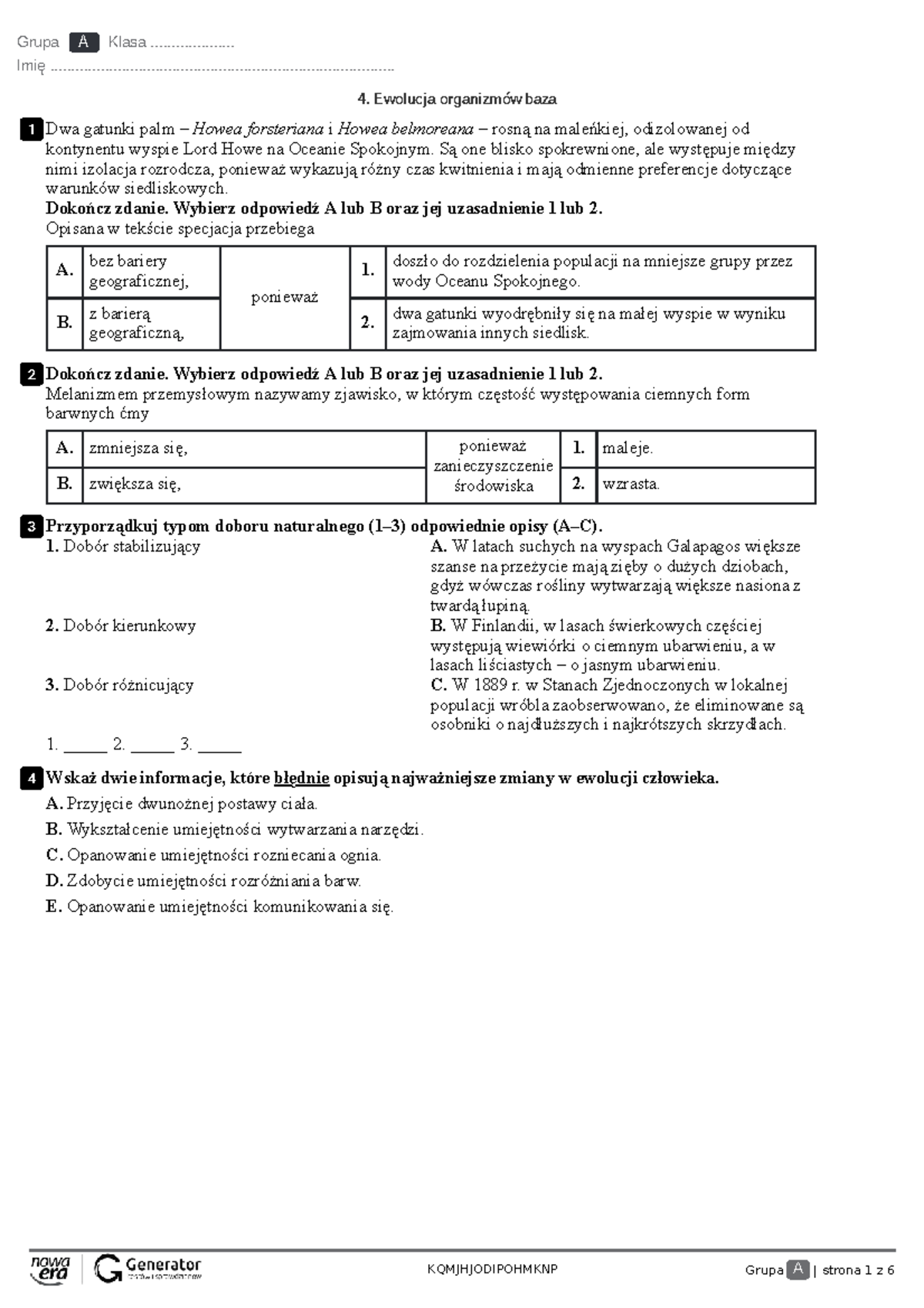 4. Ewolucja organizmów - Test Baza KQMJHJODIPOHMKNP - Document Preview