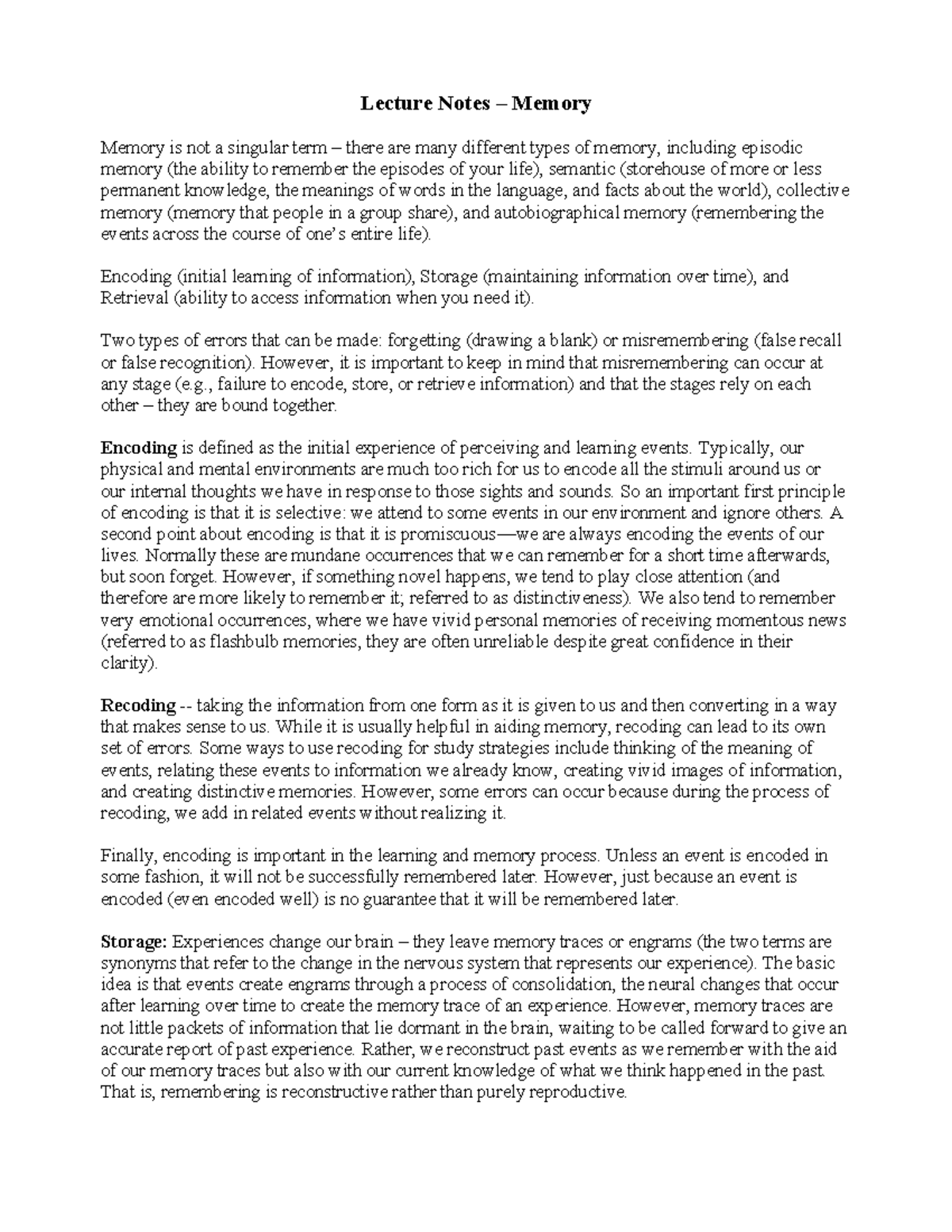 Memory Lecture Notes: Encoding, Storage, and Retrieval Processes - Studocu