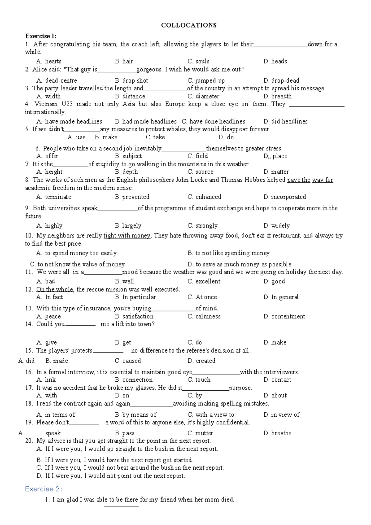 COLLOCATIONS Exercise 1-5: Practice & Answers - Studocu