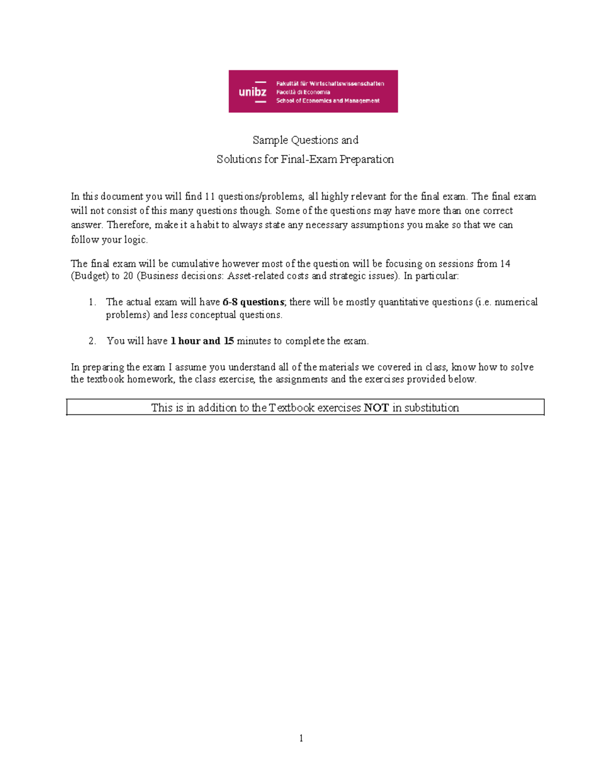 Sample Final Exam Questions & Solutions for Preparation - Studocu