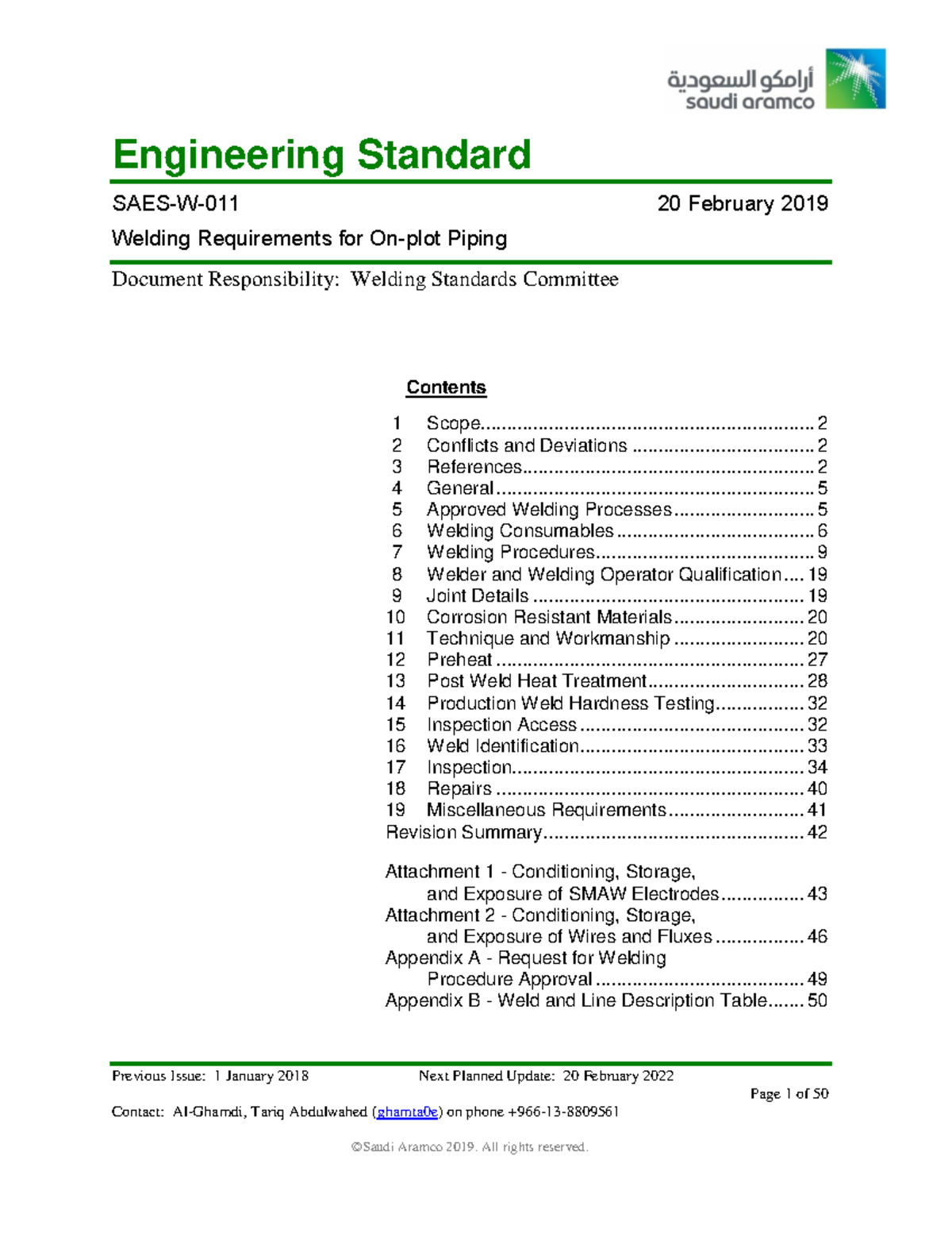 SAES-W-011 2019: Welding Requirements for Piping Standards - Studocu
