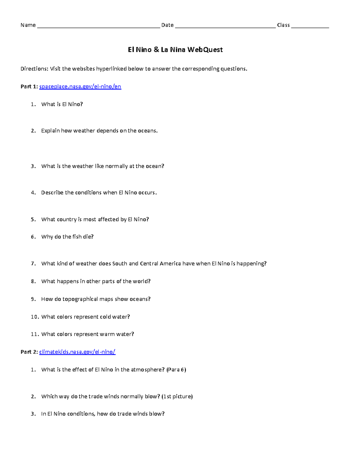 El Nino & La Nina WebQuest Activity (WQ) - Studocu