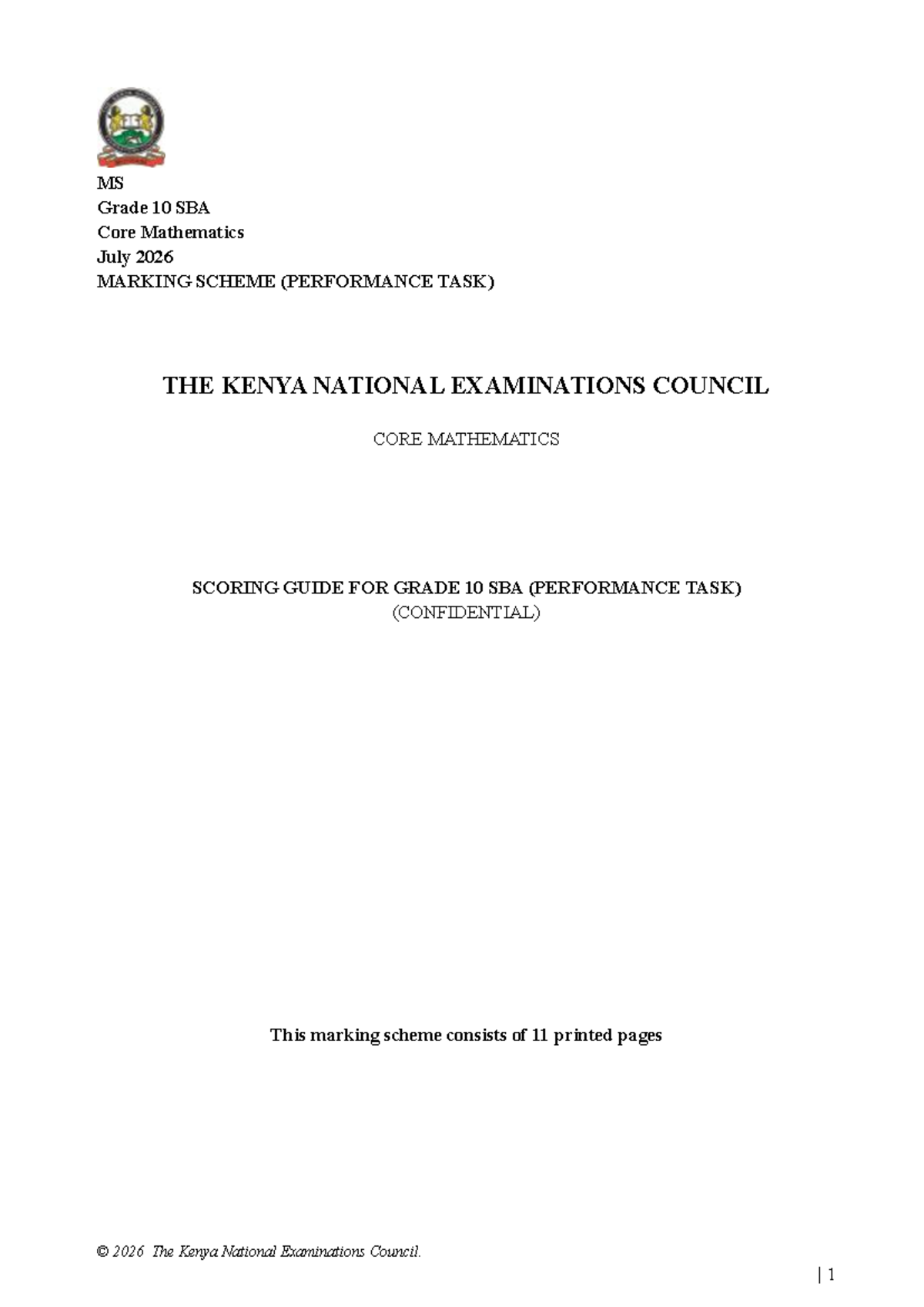 MS Grade 10 SBA Core Mathematics Performance Task Marking Scheme 2026 ...
