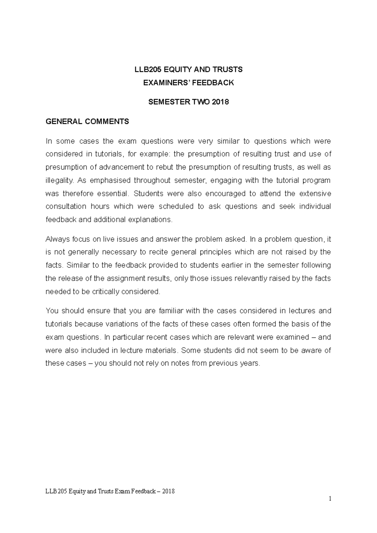 LLB205 Equity and Trusts Final Exam Feedback - Semester 2, 2018 - Studocu