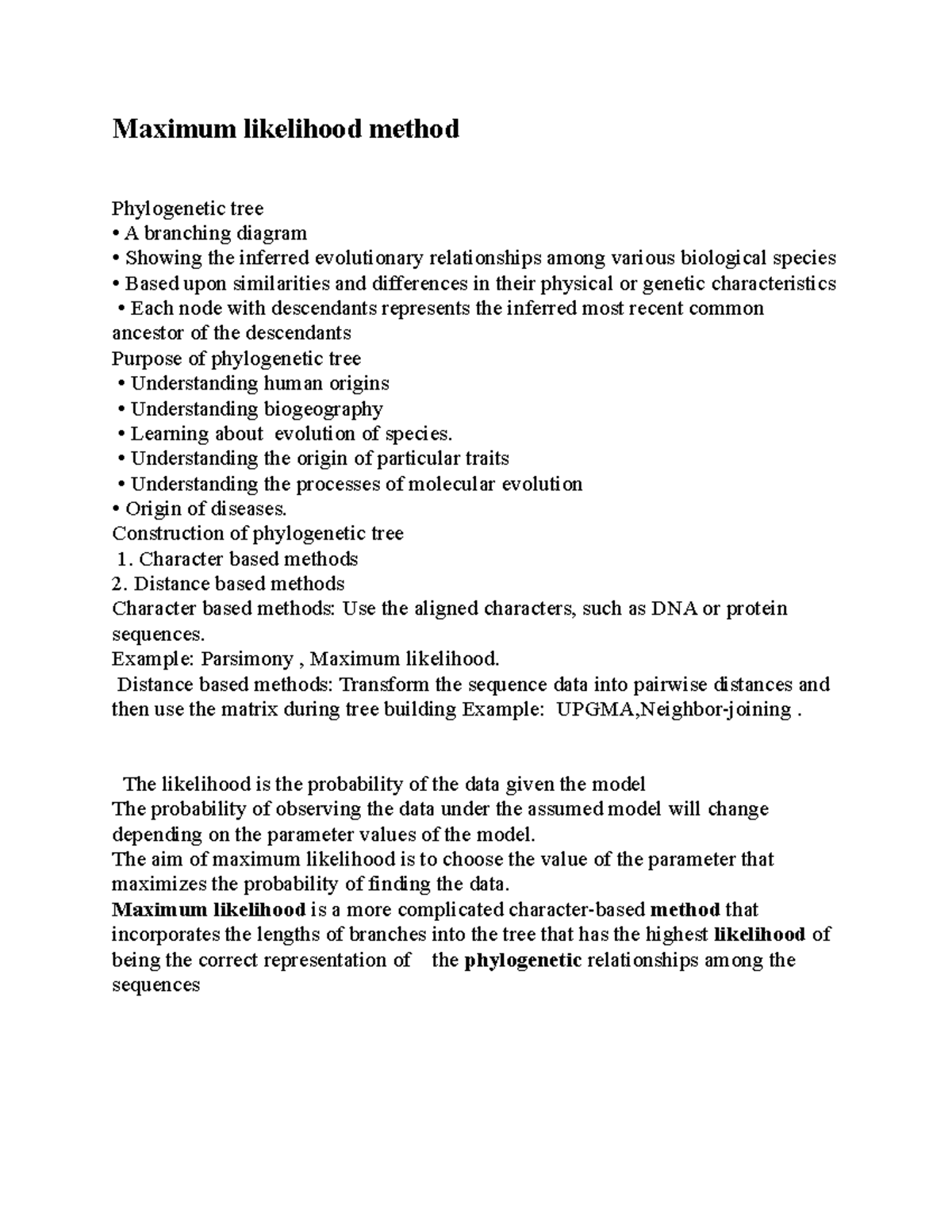 Maximum Likelihood Method in Phylogenetic Tree Construction - Studocu
