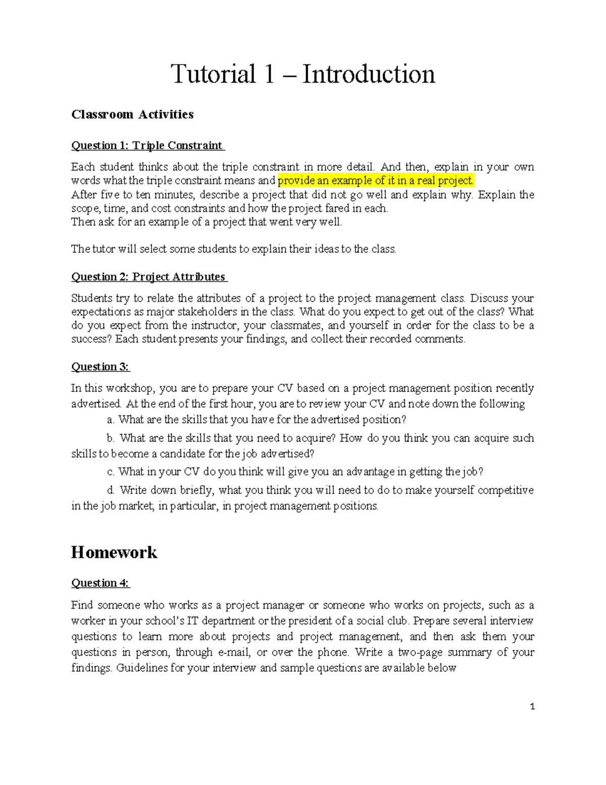 Tutorial 1 - Introduction to Project Management Concepts and Activities ...