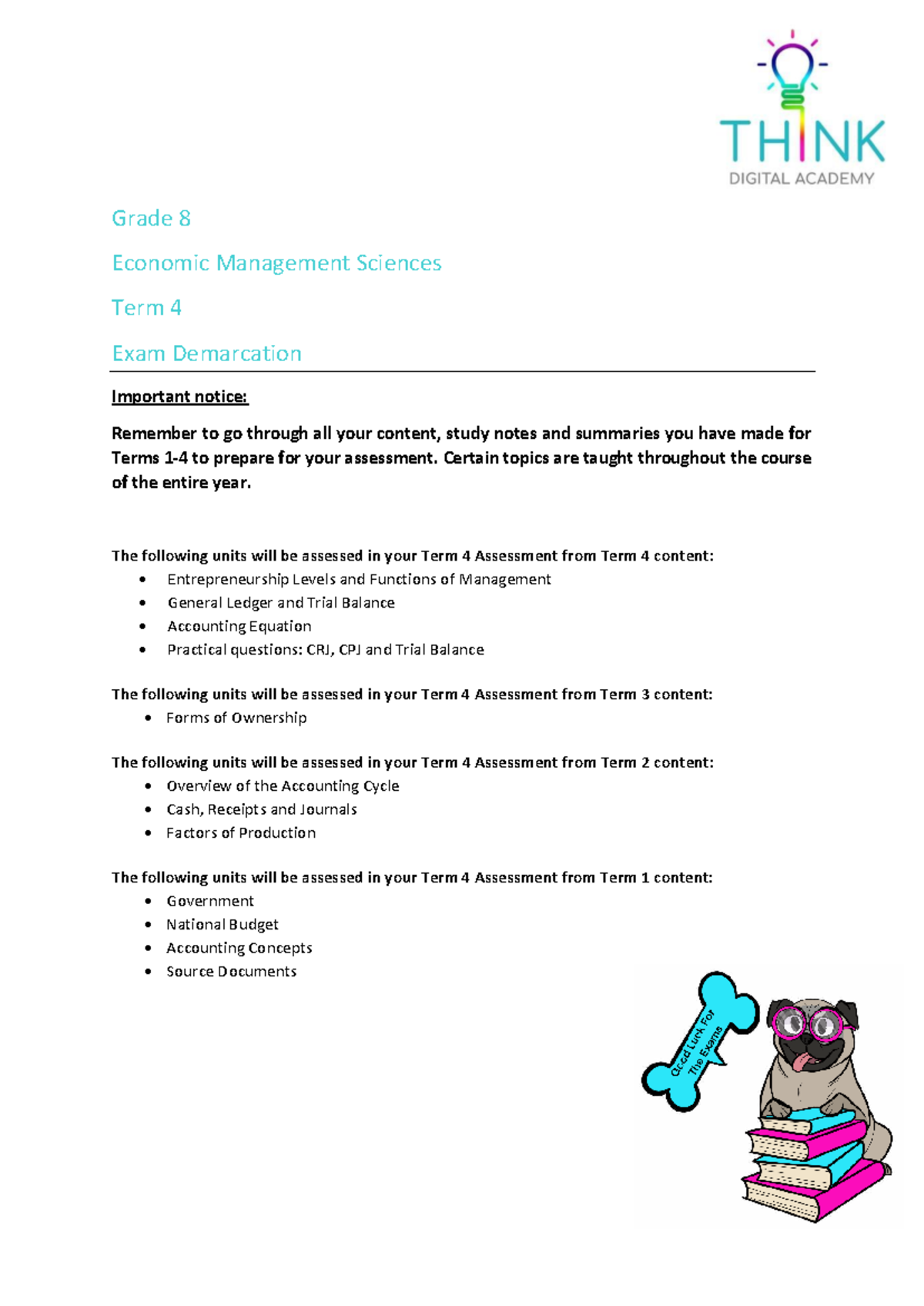 Grade 8 EMS Term 4 Assessment Demarcation Guide - Studocu