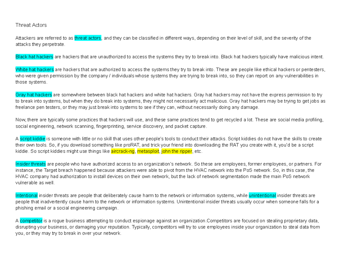 Threat Actors - These are notes that I have taken from the Udemy course ...