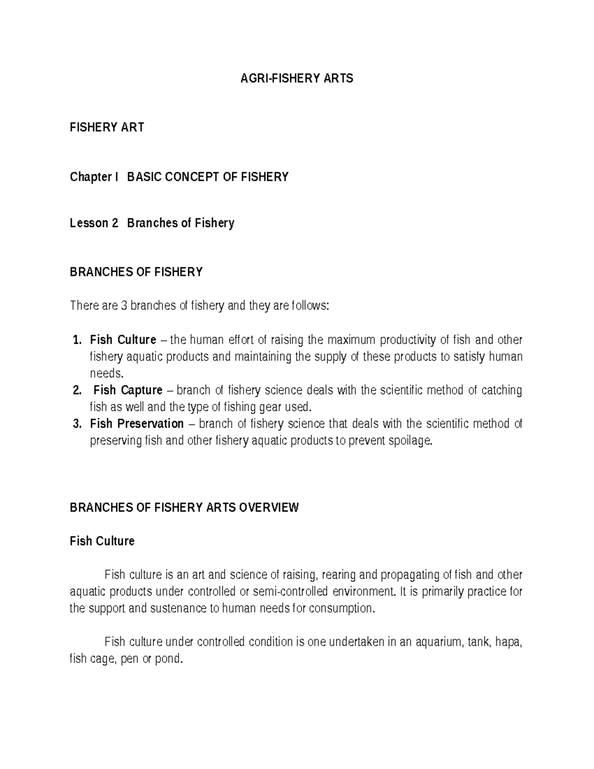 656515147 Lesson 2: Branches of Fishery in Aquaculture Arts - Studocu