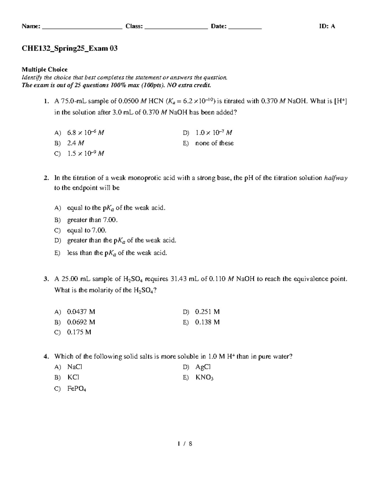 CHE132_Spring25_Exam 03 Multiple Choice Questions - Studocu