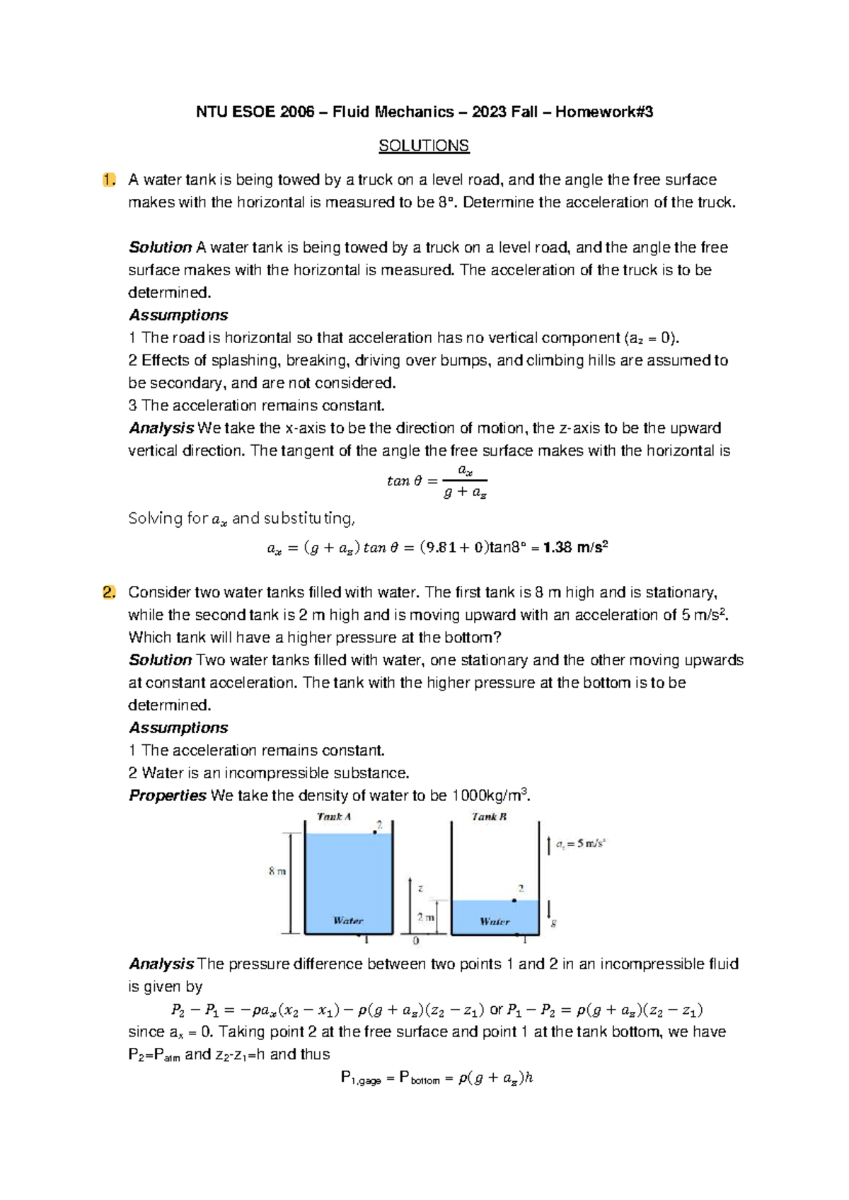 NTU ESOE 2006 Fluid Mechanics Fall 2023 Homework 3 Solutions - Studocu