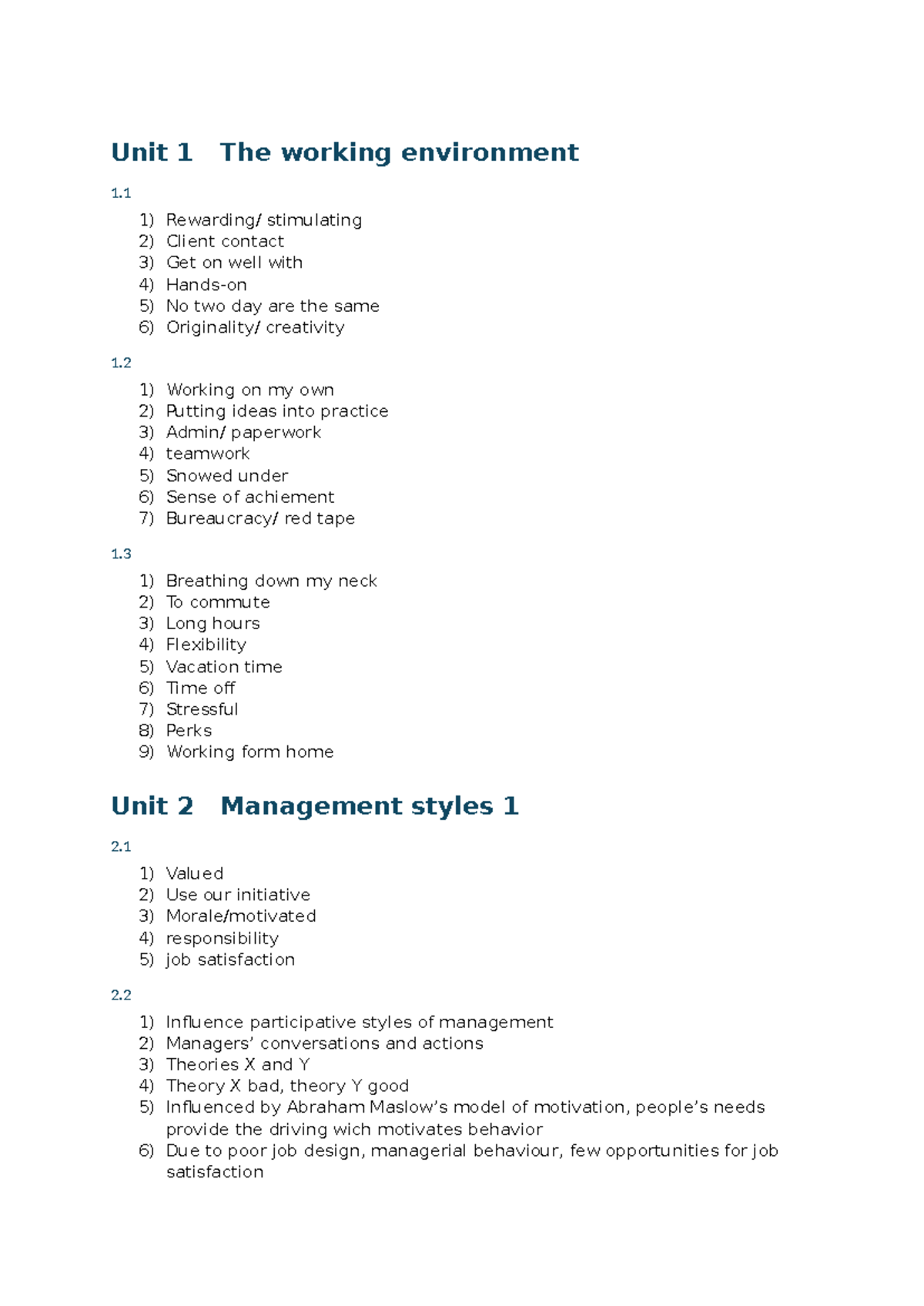 BVU - Unit 1 to 10: Working Environment & Management Styles Notes - Studocu