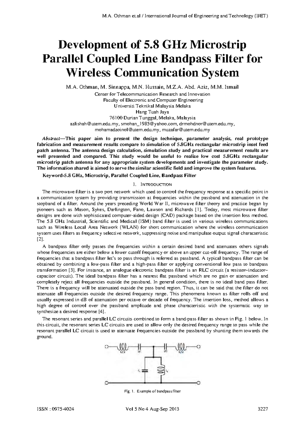 Development of 5.8 GHz Microstrip Parallel Coupled Line Bandpass Filter ...