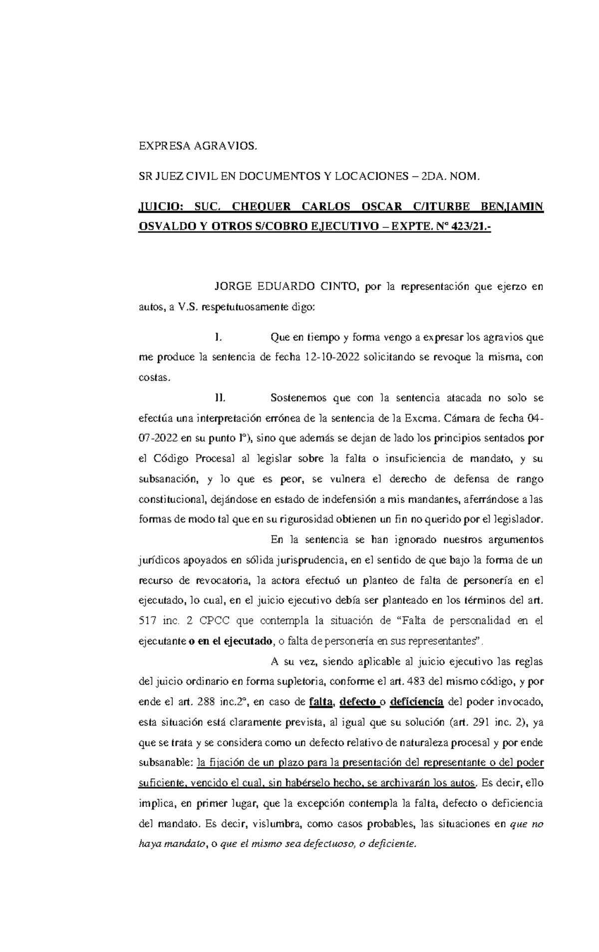 Agravios Presentados en Juicio Ejecutivo - Expte. Nº 423/21 - Studocu