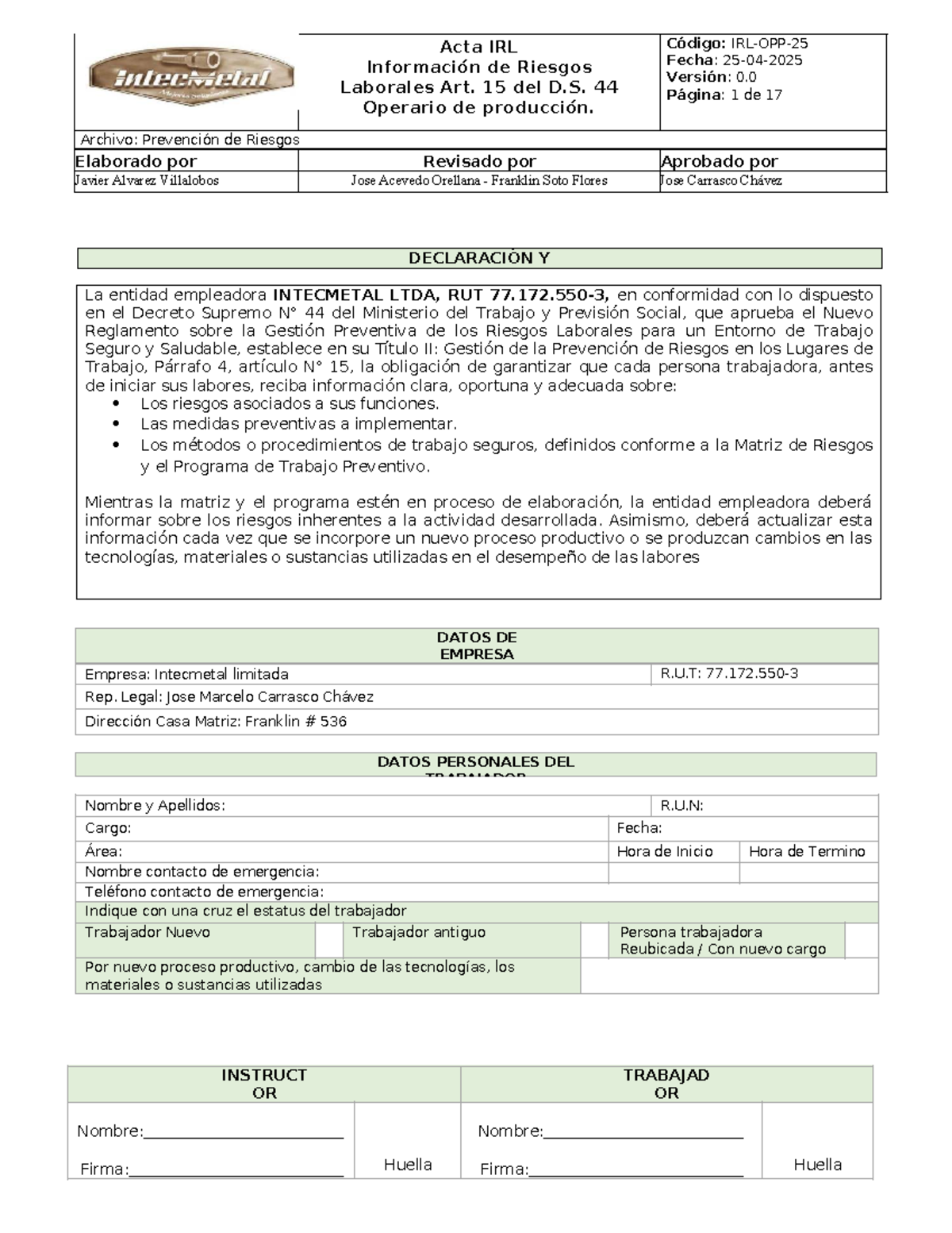 IRL-OPP-25: Información de Riesgos Laborales para Operarios de Producción - Document Preview