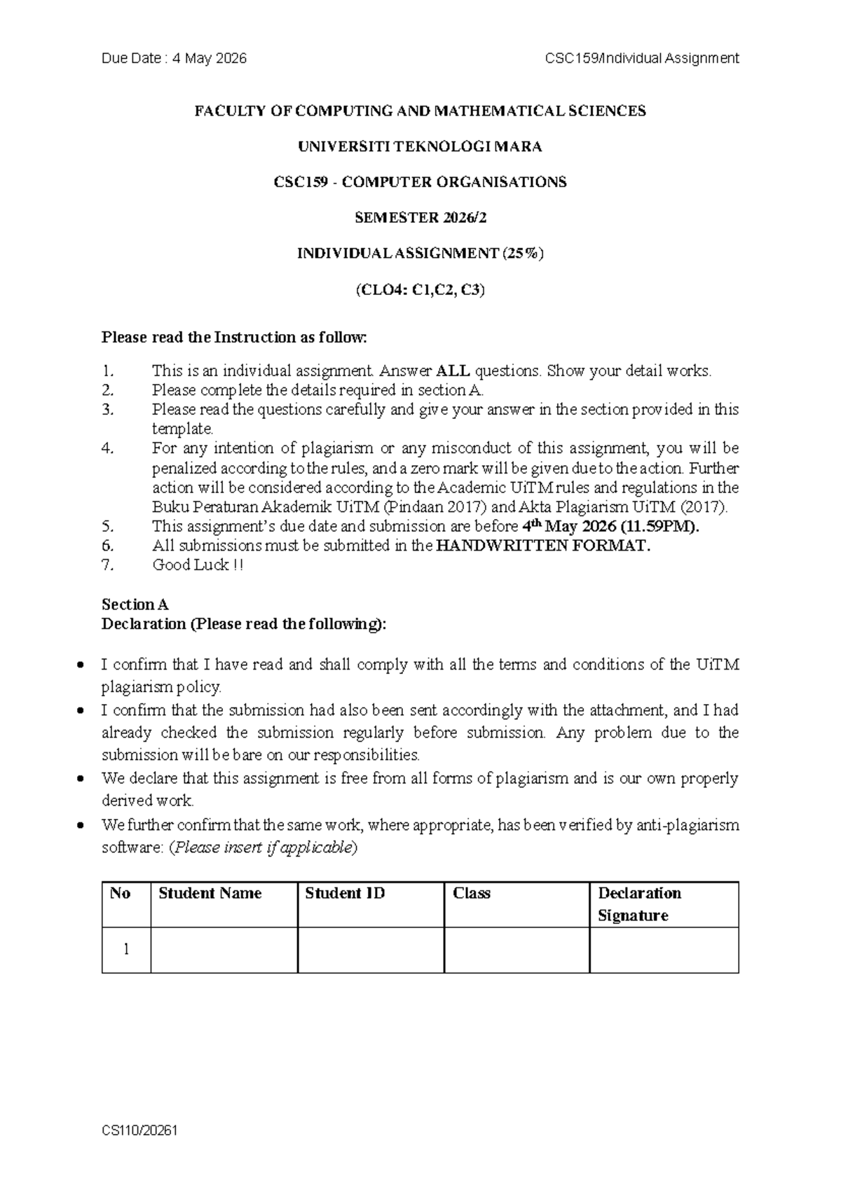 CSC159 Individual Assignment: Computer Organizations (Due 4 May 2026 ...
