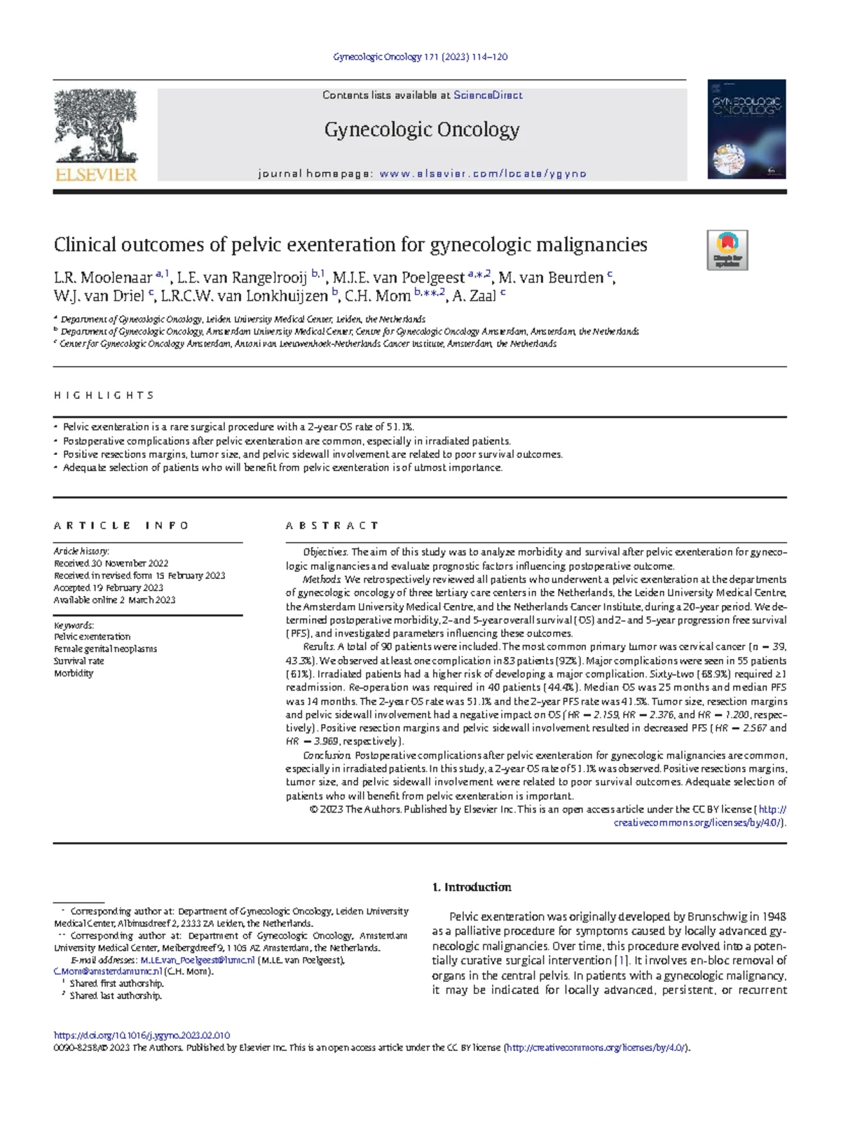 ESA PAPER: Outcomes of Pelvic Exenteration for Advanced Nonrectal ...
