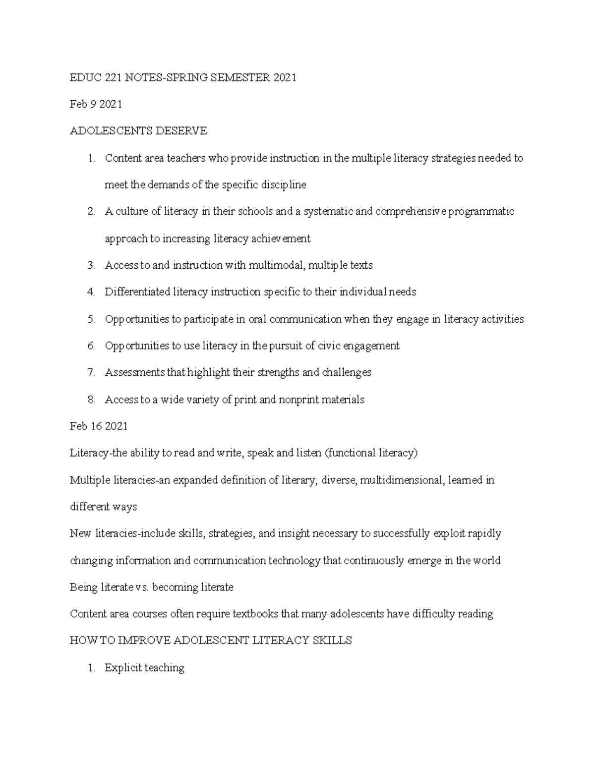 EDUC 221 Spring 2021 Notes on Adolescent Literacy Strategies - Studocu