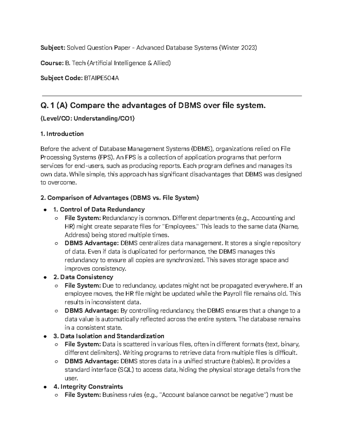 Solved Question Paper: Advanced Database Systems (BTAIPE504A) Winter ...