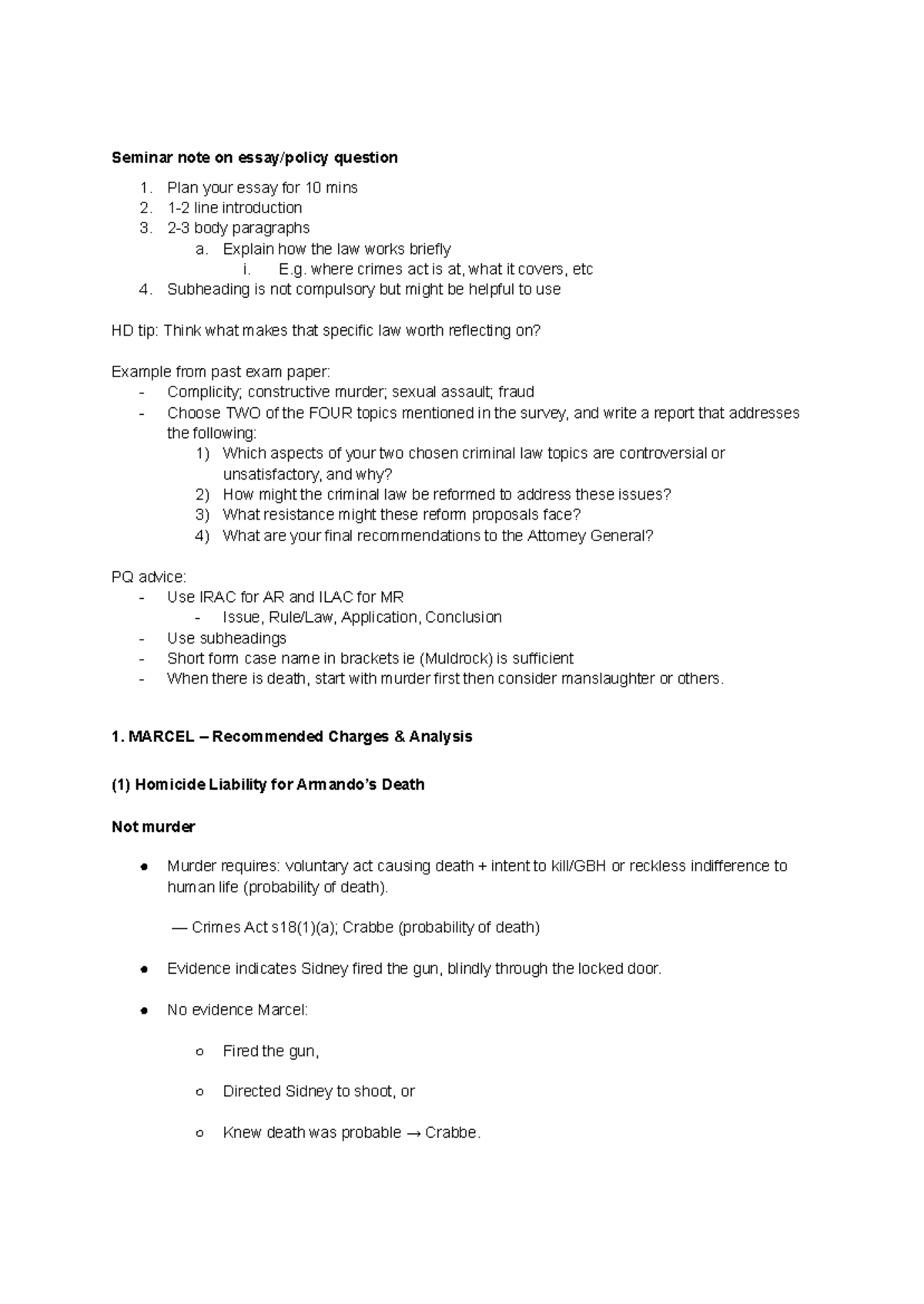Criminal Law - Seminar Notes on Homicide & Manslaughter Analysis - Studocu