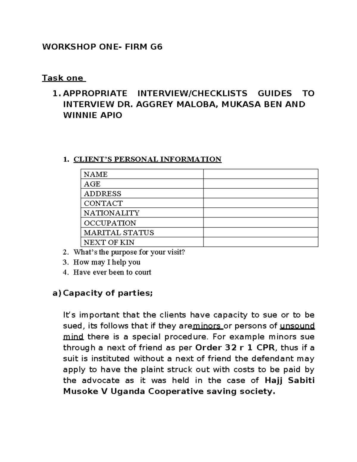 WORKSHOP 1: Civil Litigation Task Guide for Interviews and Legal ...