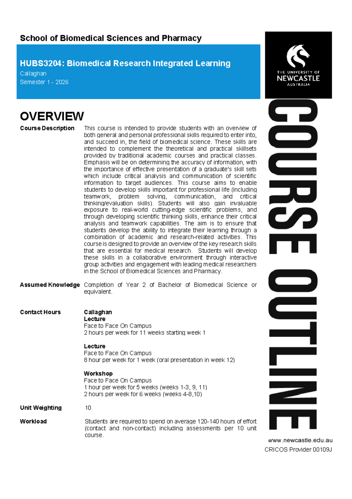 HUBS3204: Biomedical Research Integrated Learning Course Outline ...