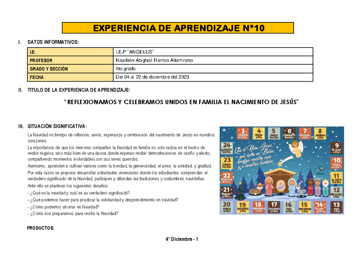 4° Grado - Experiencia de Aprendizaje N°10: Celebrando la Navidad en ...